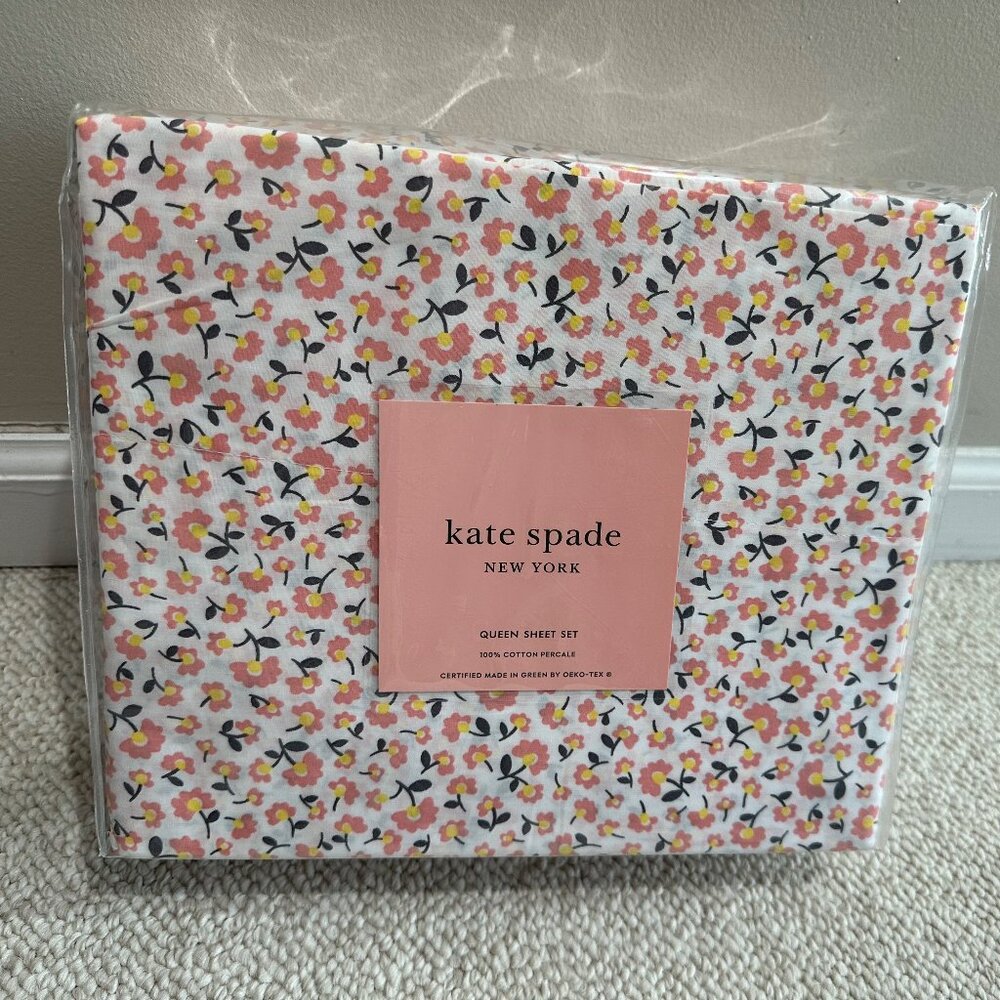 Kate Spade Queen Sheet Set | Pretty Pink Flowers on White